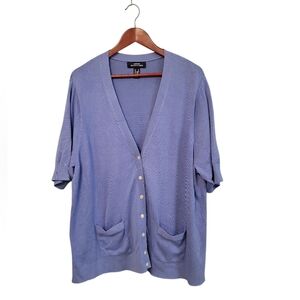 Lands' End Blue Button-Up Sweater Cardigan Plus Size Womens 3x Short Sleeve‎
